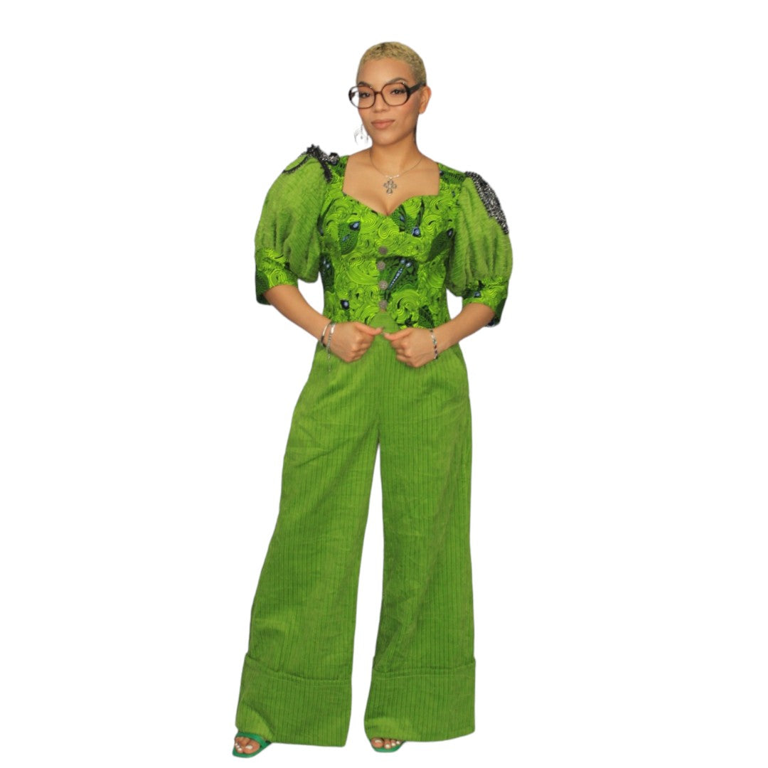 Green Wide Cut Pants with Ankara Overlay Marching Top