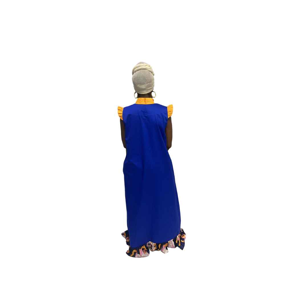 Blue and Orange thin Chiffon Fit and Flared Maxi Dress