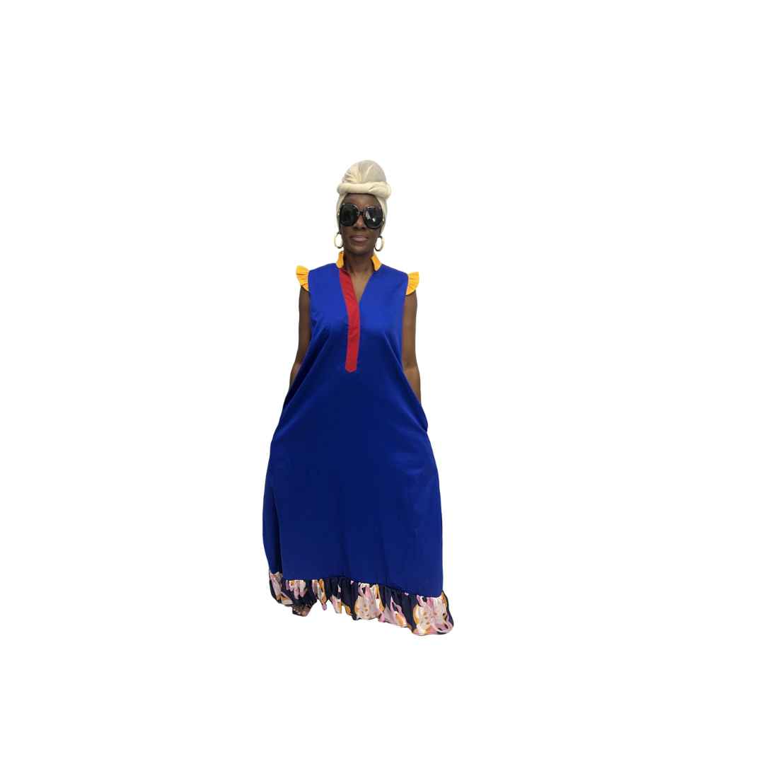 Blue and Orange thin Chiffon Fit and Flared Maxi Dress