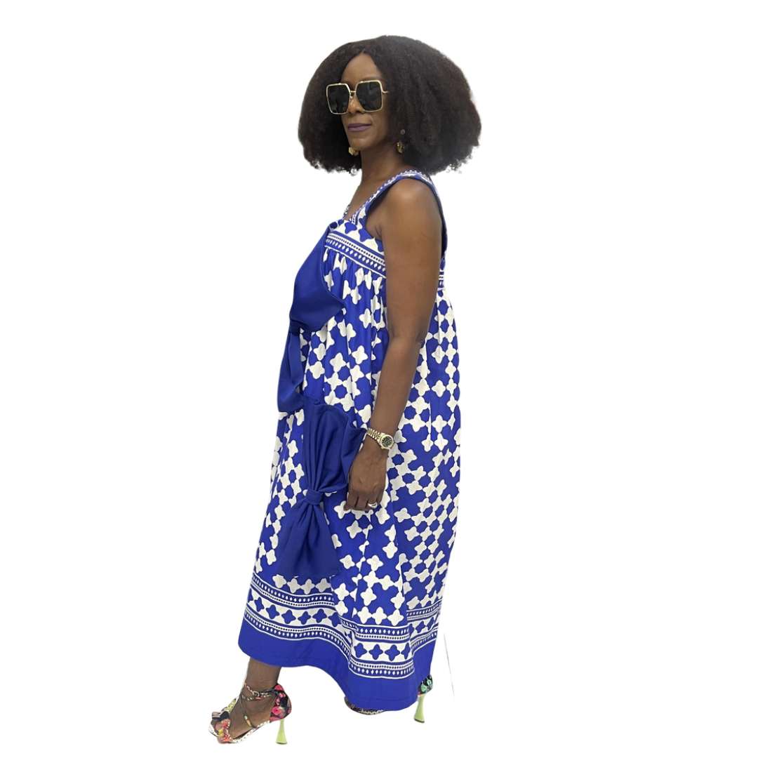 Blue and White Bow Flared Maxi Dress