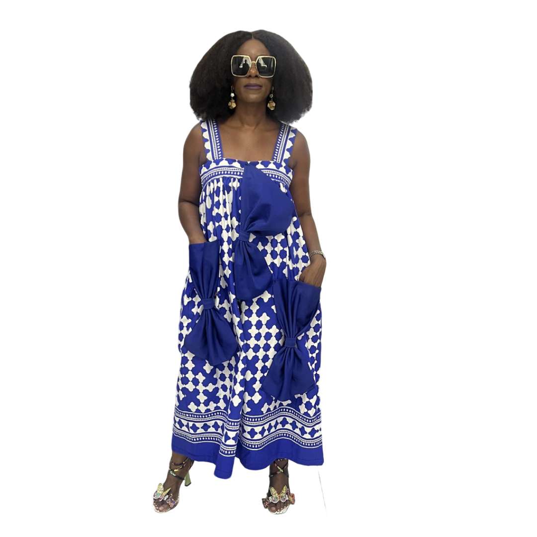 Blue and White Bow Flared Maxi Dress