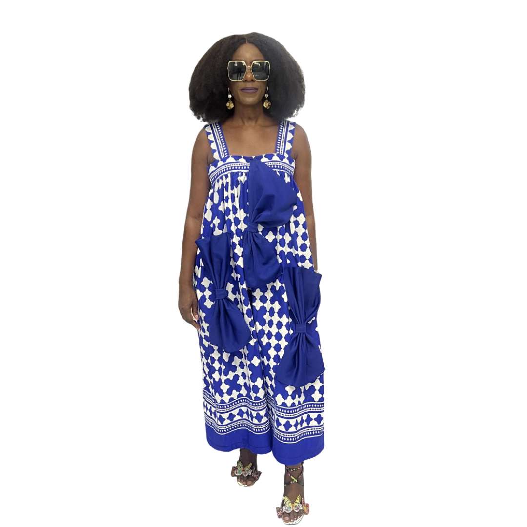 Blue and White Bow Flared Maxi Dress