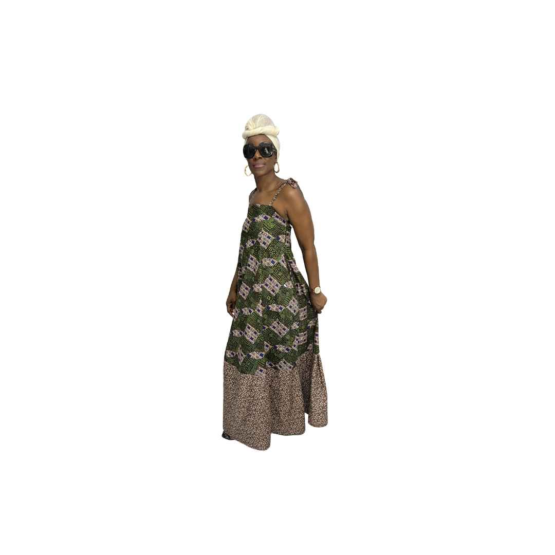 Green and Brown Sleeveless Maxi Summer Dress