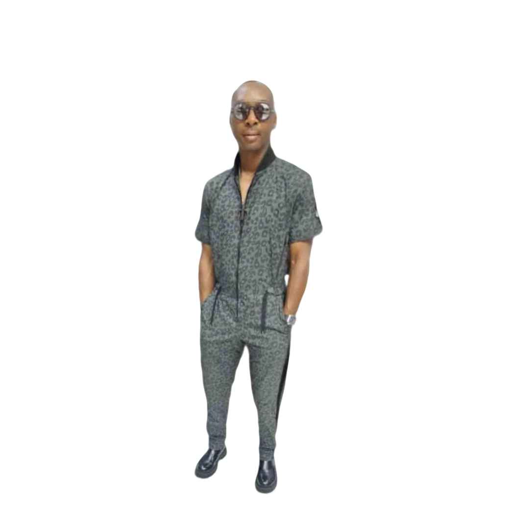 Green Animal Print Mix Mens Jumpsuit with roll up sleeves