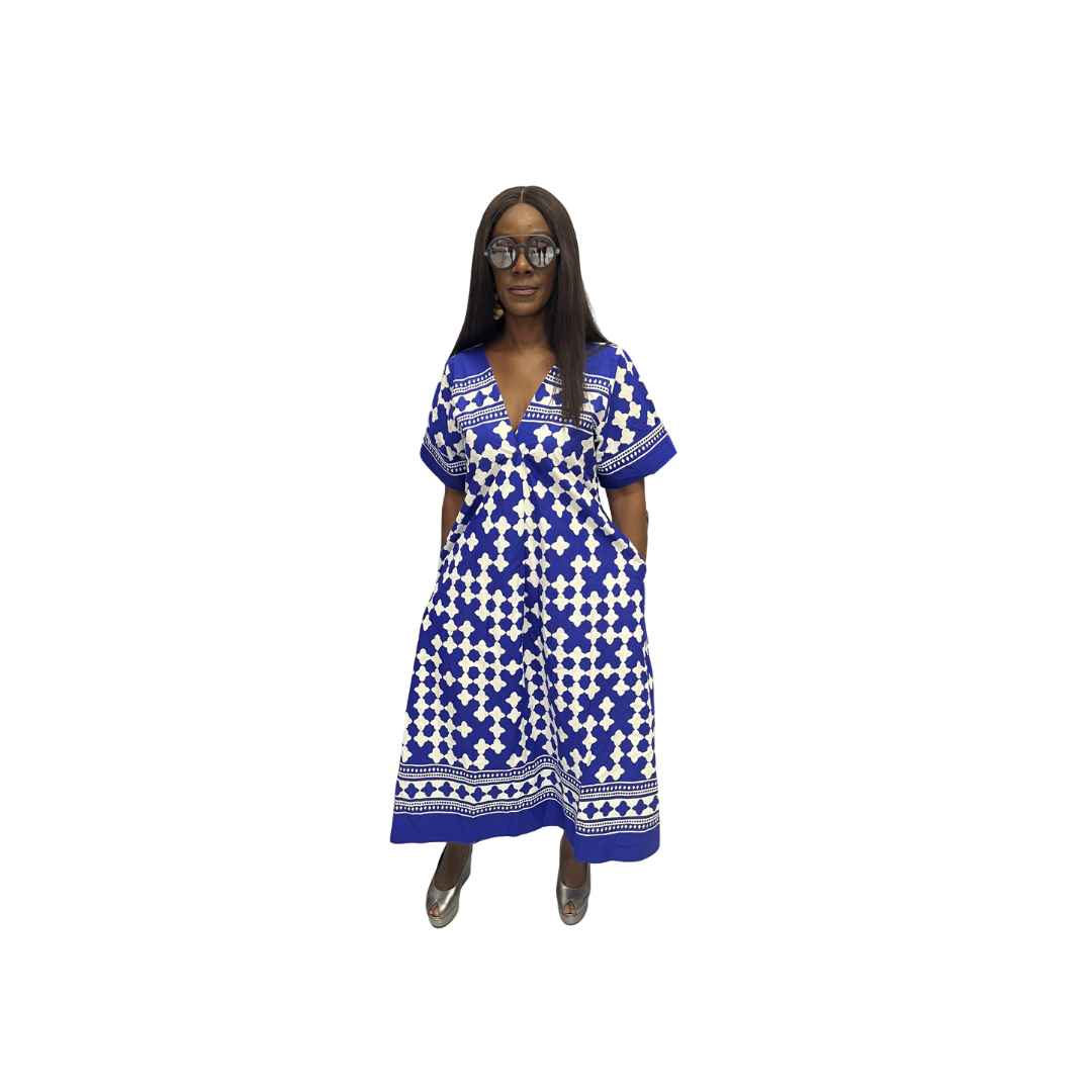 Blue and White Flared Maxi Dress