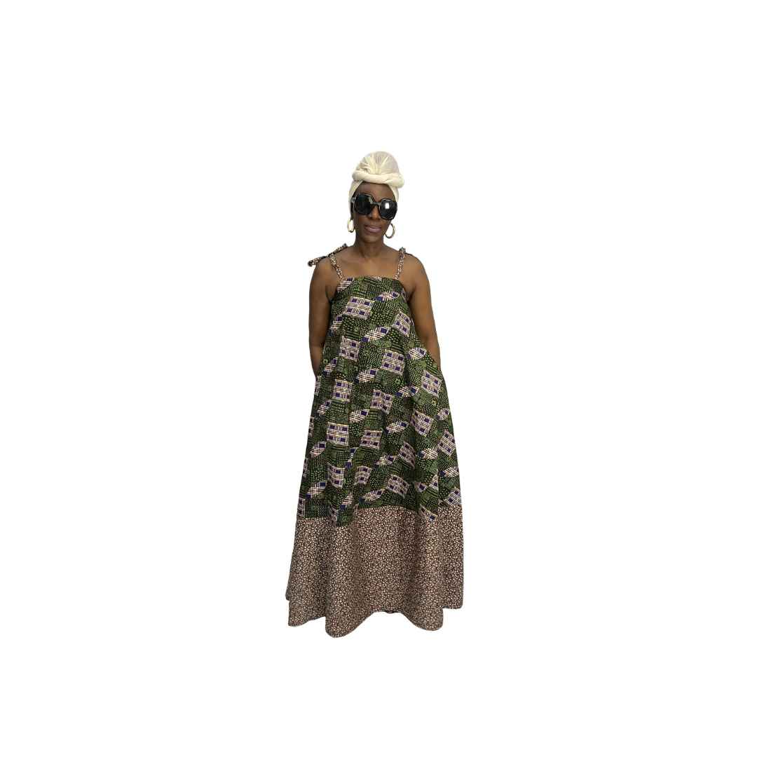 Green and Brown Sleeveless Maxi Summer Dress