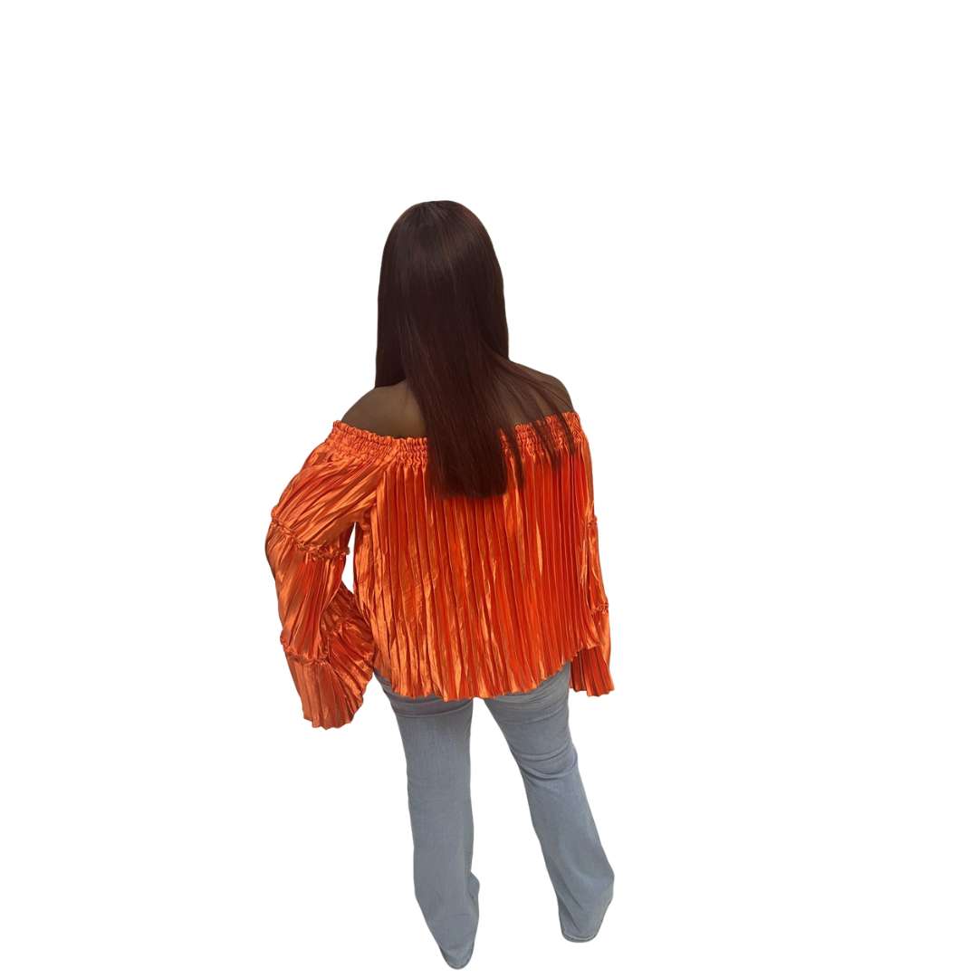 Orange Off the shoulder Pleated Silk Top, Off Shoulder Top, Pleated Top