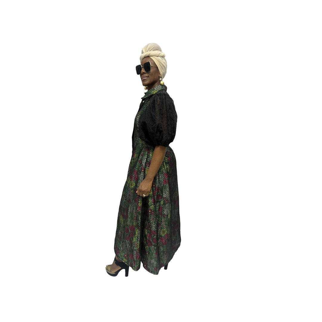Net Overlay Full Button Down Dress