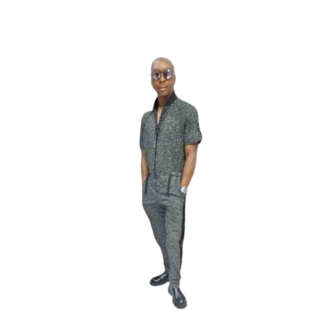 Green Animal Print Mix Mens Jumpsuit with roll up sleeves