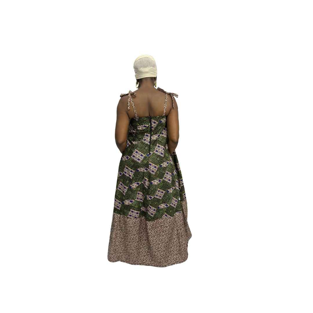 Green and Brown Sleeveless Maxi Summer Dress