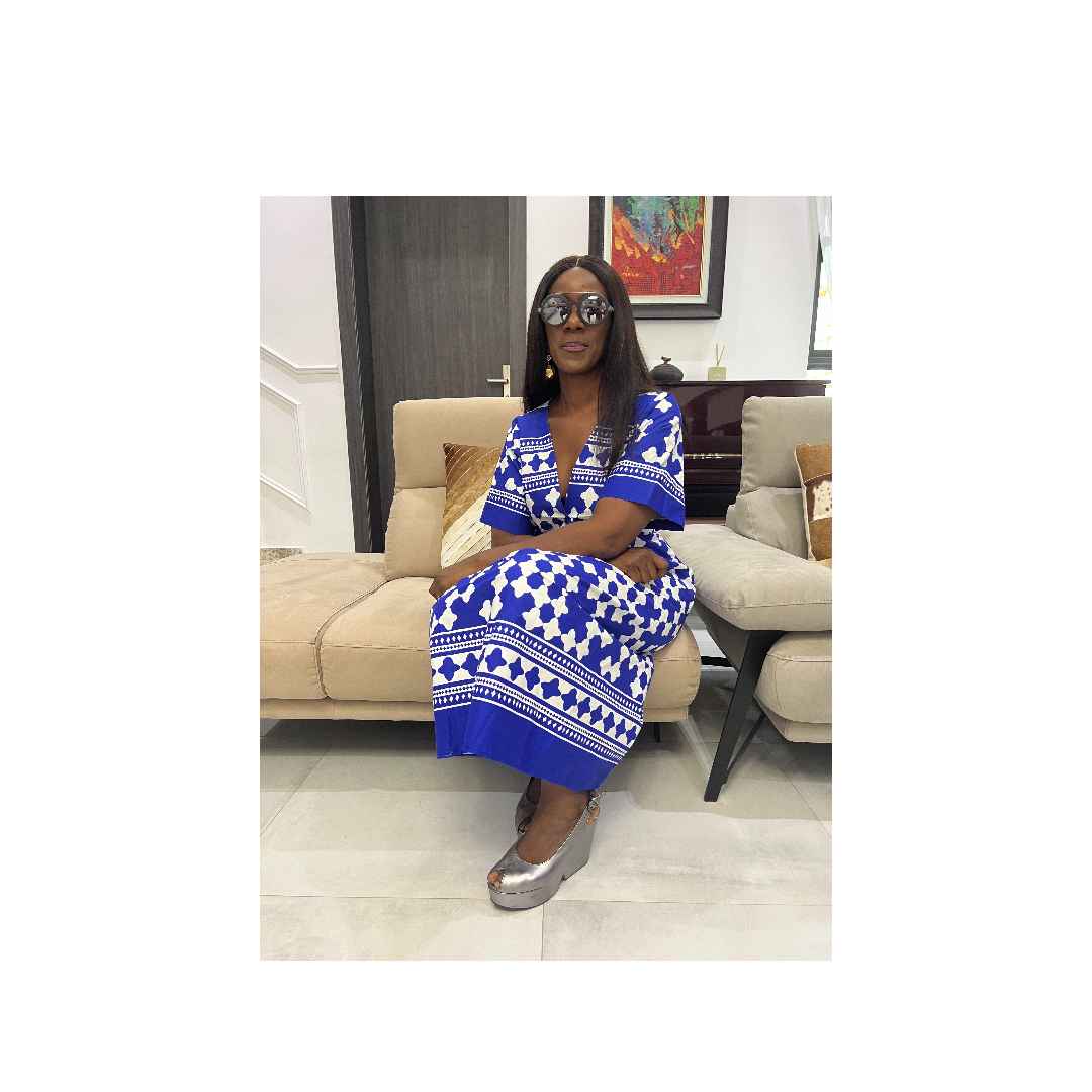 Blue and White Flared Maxi Dress