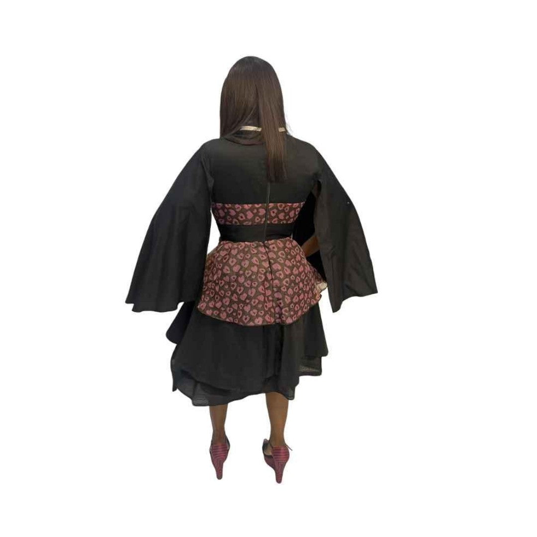 Black and Pink Chiffon Fit and Flared Maxi Dress