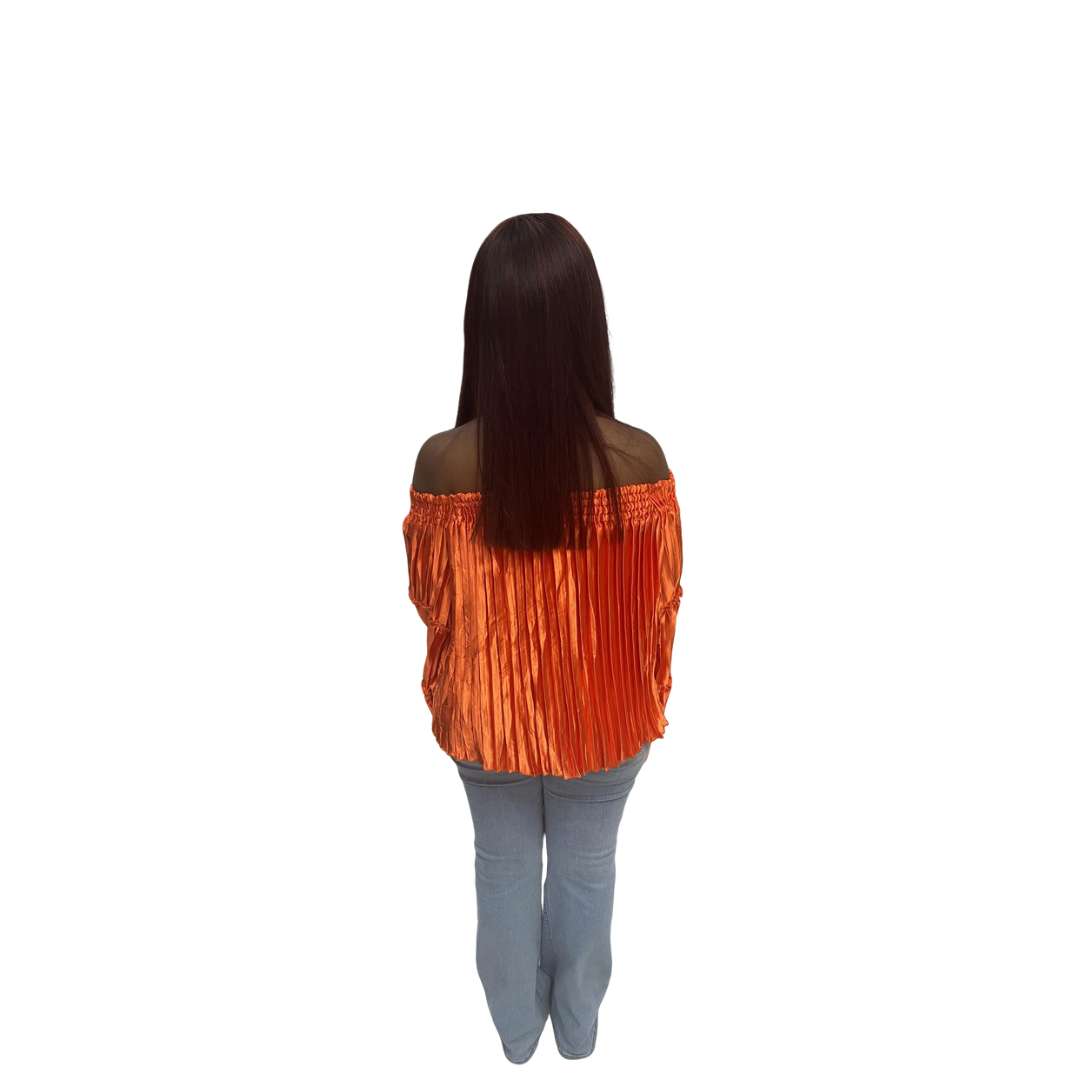 Orange Off the shoulder Pleated Silk Top, Off Shoulder Top, Pleated Top