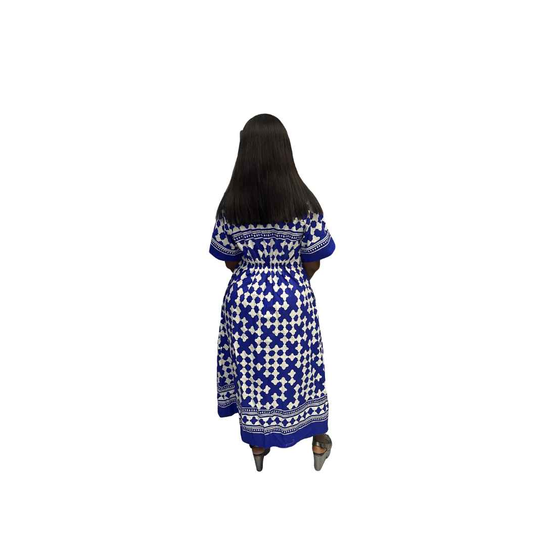 Blue and White Flared Maxi Dress