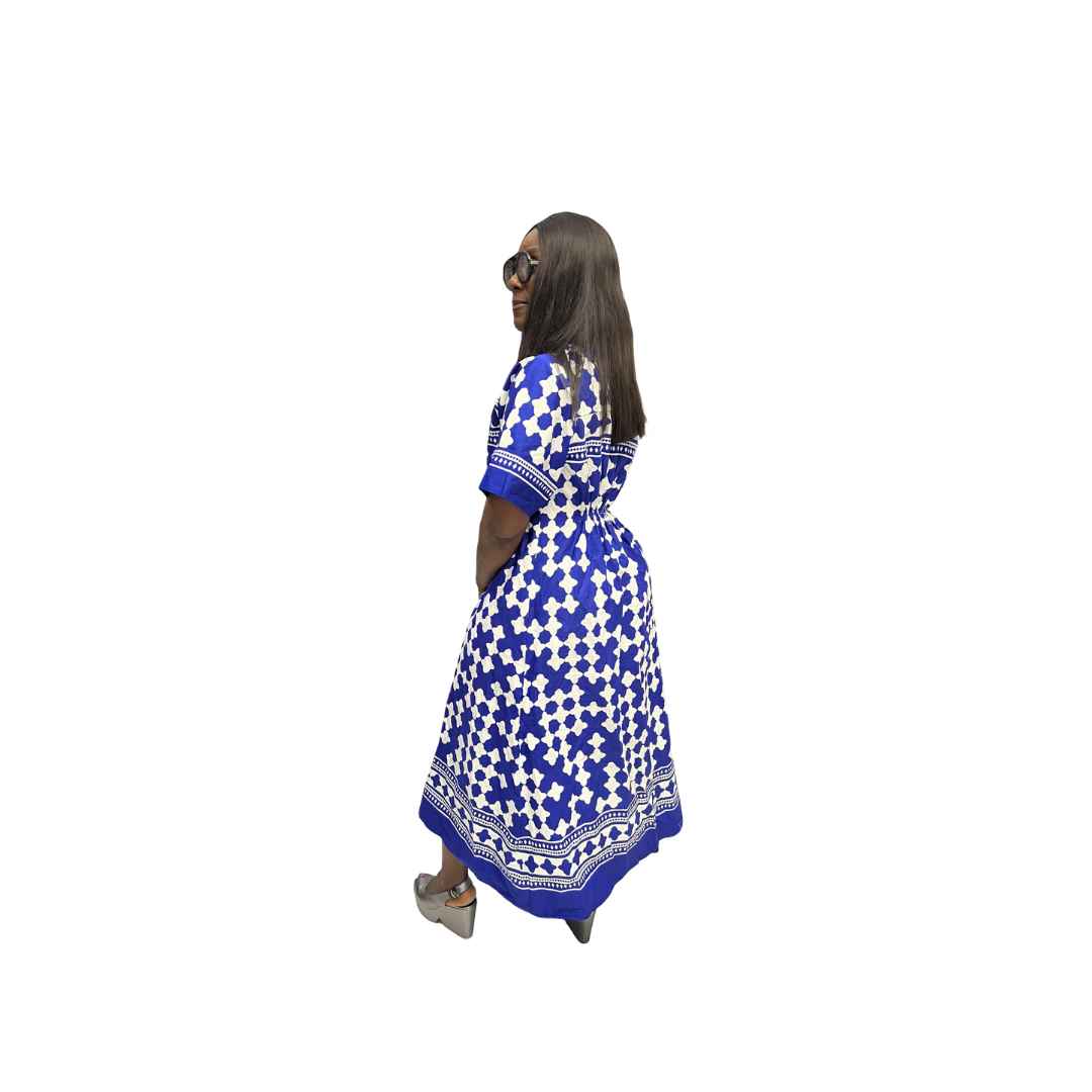 Blue and White Flared Maxi Dress