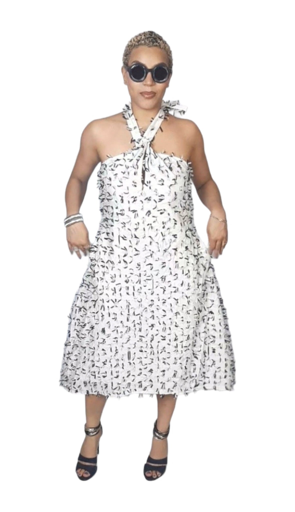 White and Partly Dense Black Mix Patterned Halter Neck Dress