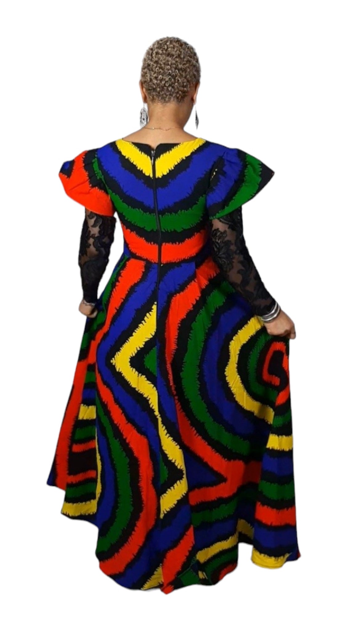 Multi Color Ankara Maxi Dress With A Black Net Long Sleeves