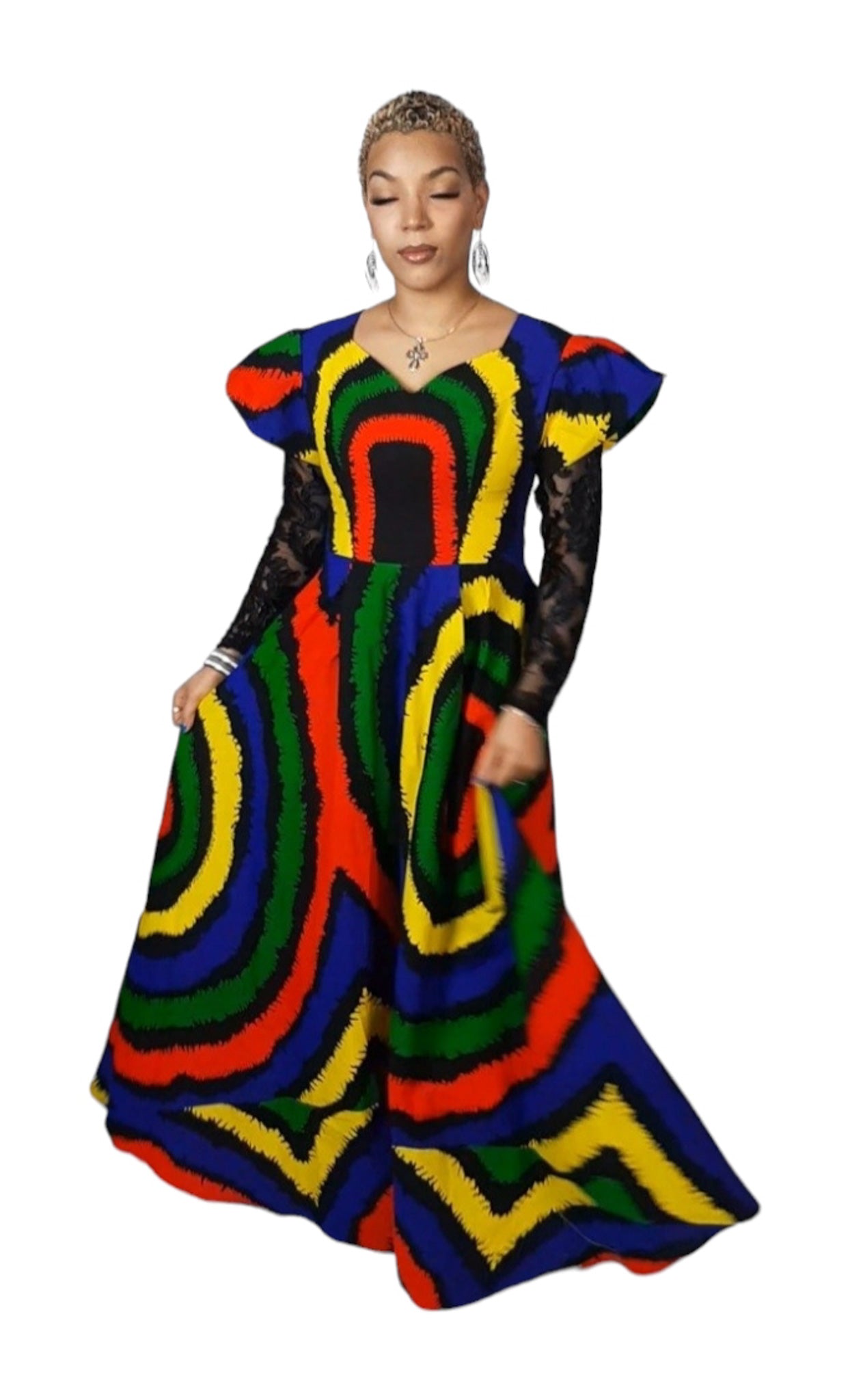 Multi Color Ankara Maxi Dress With A Black Net Long Sleeves