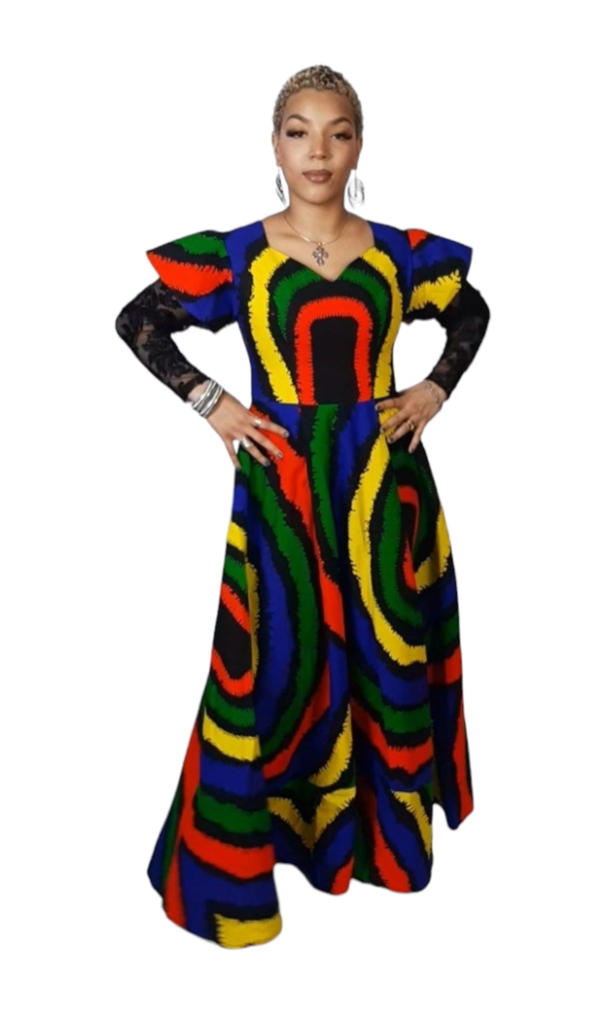 Multi Color Ankara Maxi Dress With A Black Net Long Sleeves