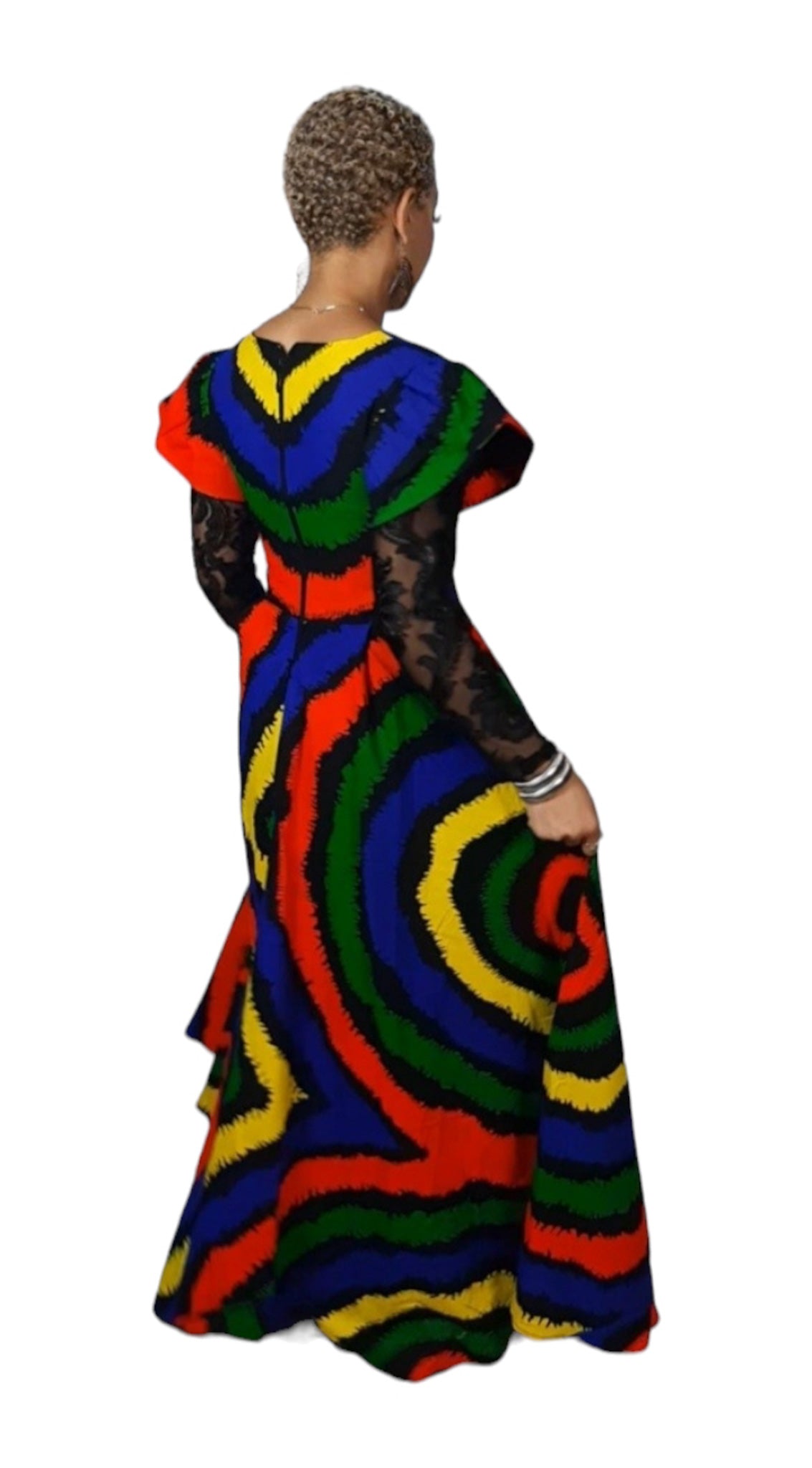 Multi Color Ankara Maxi Dress With A Black Net Long Sleeves