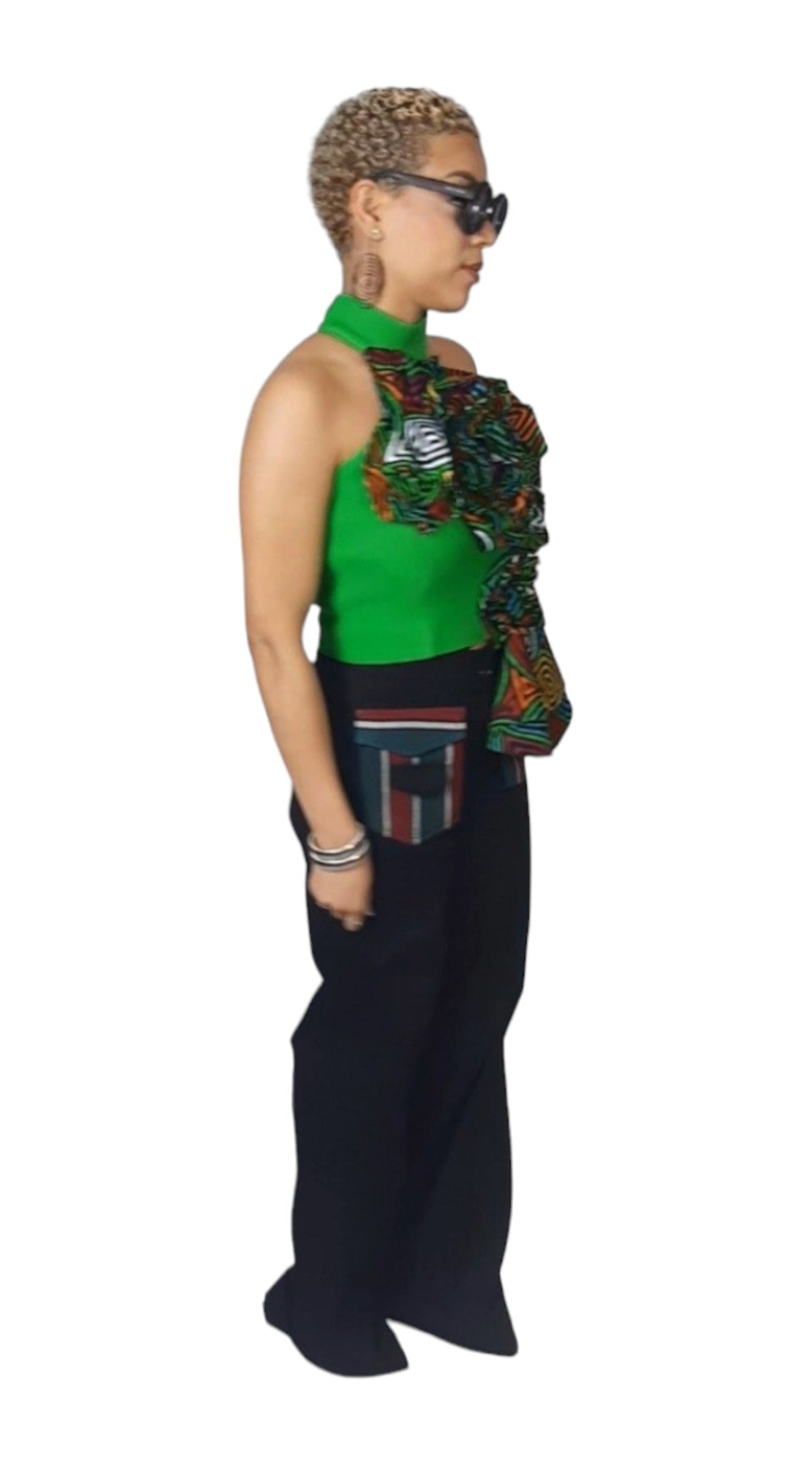 Green Polyester Crop Top with Ankara Floral Pattern