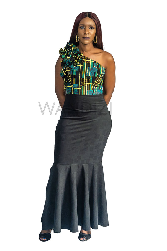 Ankara One Shoulder Rosette Lycra Mix Dress, African Print Dress, Ankara Maxi Dress