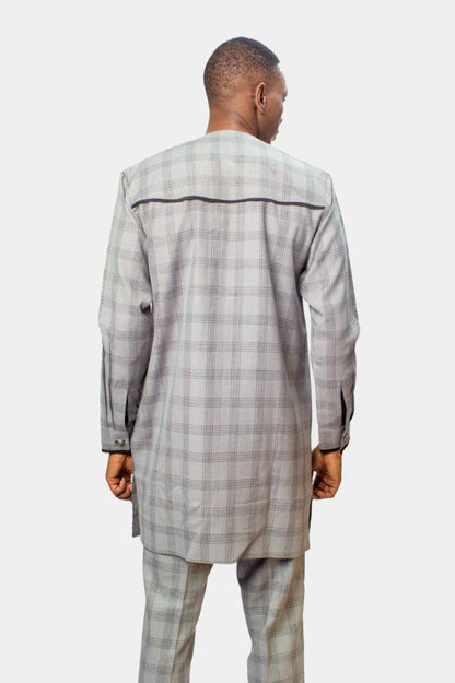 Gray Tartan African Suit with Black Bias Detailing