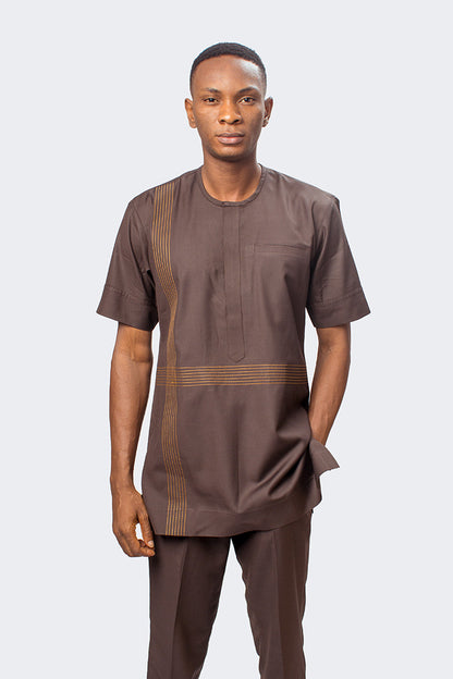 African Men Suit in brown with horizontal and vertical gold threading