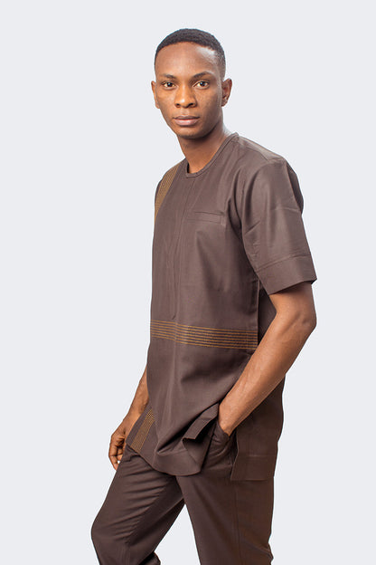 African Men Suit in brown with horizontal and vertical gold threading