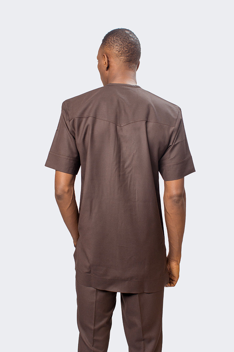 African Men Suit in brown with horizontal and vertical gold threading