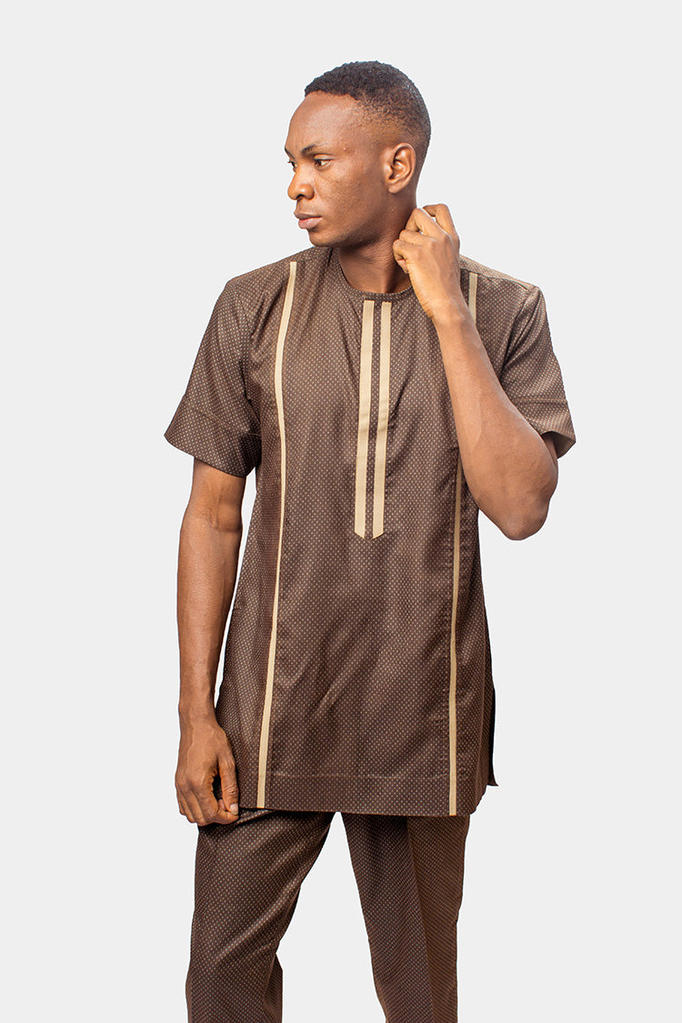 Exquisitely finished African men's suit in Coffee Brown with beige bias binding detailing