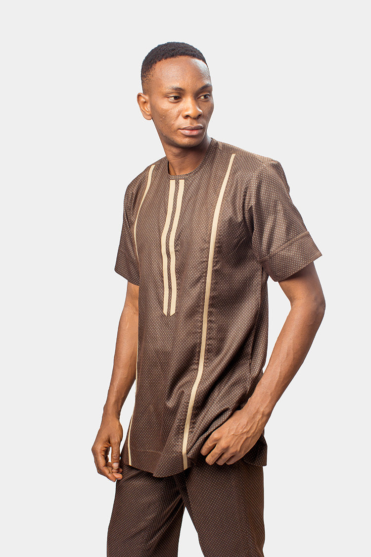 Exquisitely finished African men's suit in Coffee Brown with beige bias binding detailing