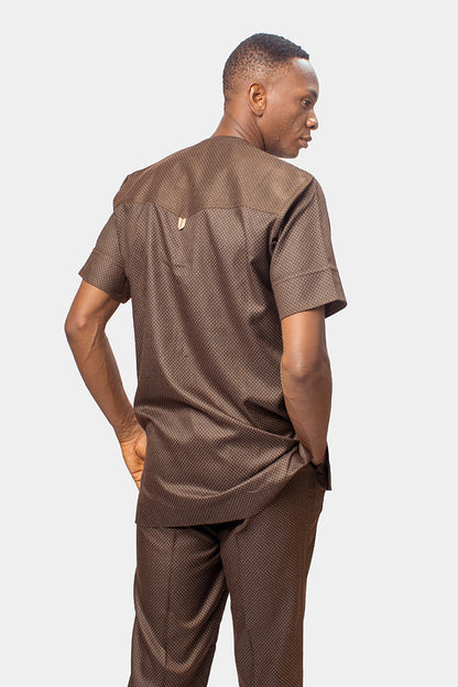 Exquisitely finished African men's suit in Coffee Brown with beige bias binding detailing