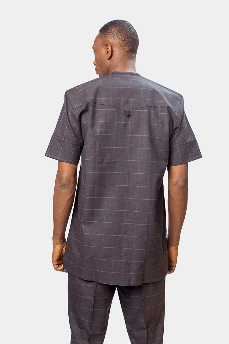 Exquisitely finished African men's suit in Window pane gray with black accents