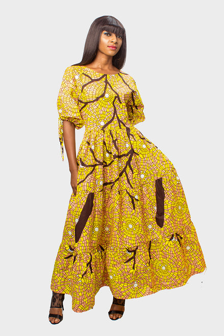 Vibrant yellow African Print Ankara Maxi Dress