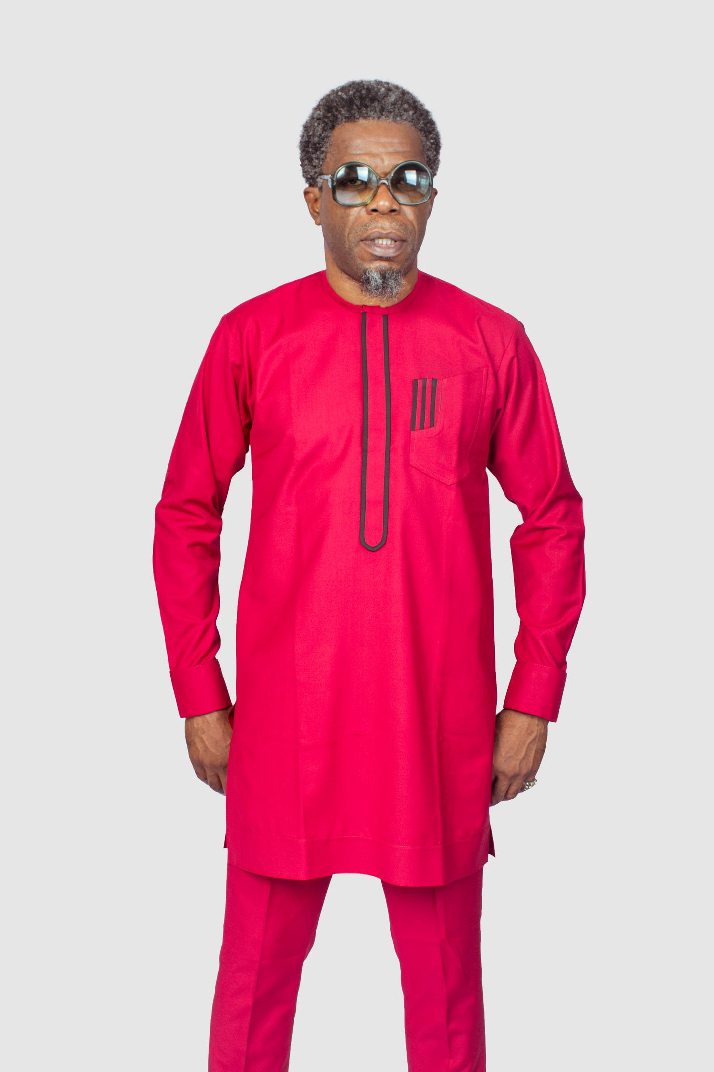 Red Fuchsia African Suit with black bias detailing, African Men's Suit, Traditional outfits