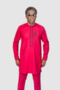 Red Fuchsia African Suit with black bias detailing, African Men's Suit, Traditional outfits