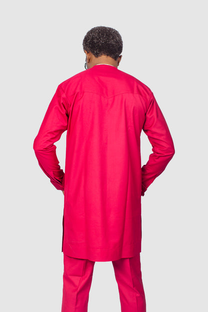 Red Fuchsia African Suit with black bias detailing, African Men's Suit, Traditional outfits