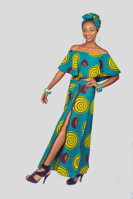 African Print Crop Top & Long Slit Skirt, Ankara 2piece Skirt Set, African Clothing for Women