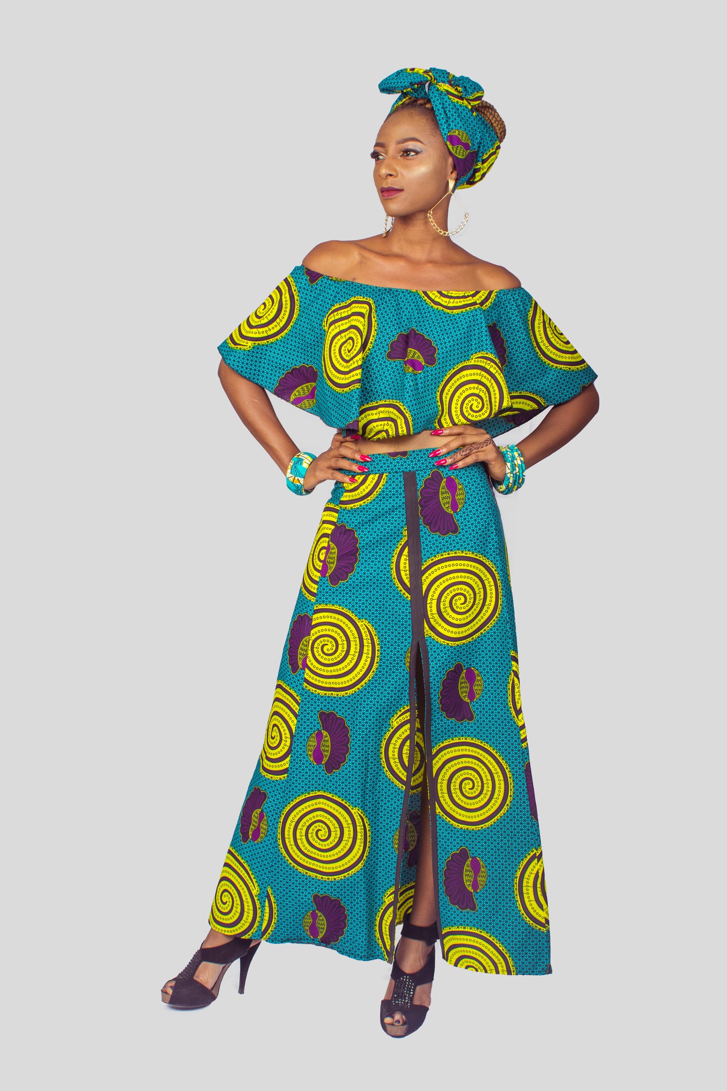 African Print Crop Top & Long Slit Skirt, Ankara 2piece Skirt Set, African Clothing for Women