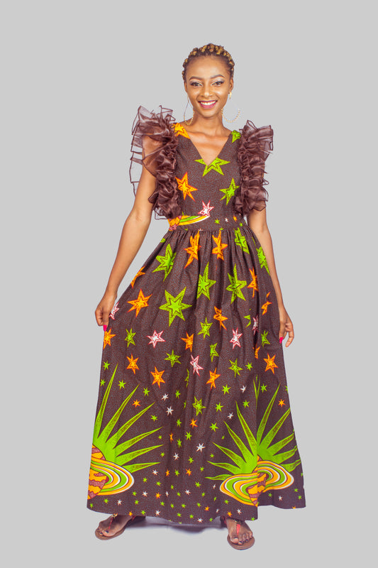 African Print Maxi Dress with Organza Ruffles, Ankara Long Dress, African Clothing for Women