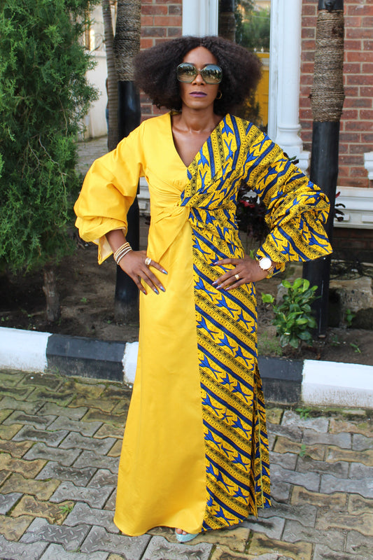 Ankara and Cotton Mix Maxi Dress with exaggerated puff sleeves, African Print Maxi Dress