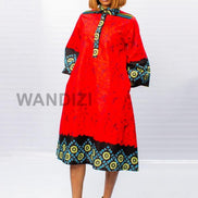 Red African Print A-line Batik Dress,  African Womens Dress, African Dress, African Clothing