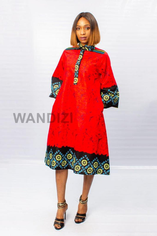 Red African Print A-line Batik Dress,  African Womens Dress, African Dress, African Clothing