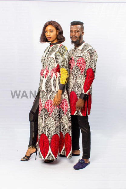 Red African Print Long Transformer Dress, African Couples Outfit, Valentines Day gift For Her,