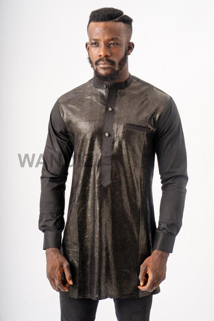 Black and Gold Snake Skin Half Collar Shirt, African Men Shirt, African Mens Clothing