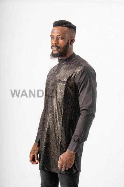 Black and Gold Snake Skin Half Collar Shirt, African Men Shirt, African Mens Clothing