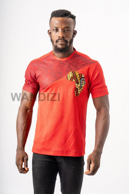 Red Tshirt with Ankara African Map Badge, African Print TShirt, African Men Clothing