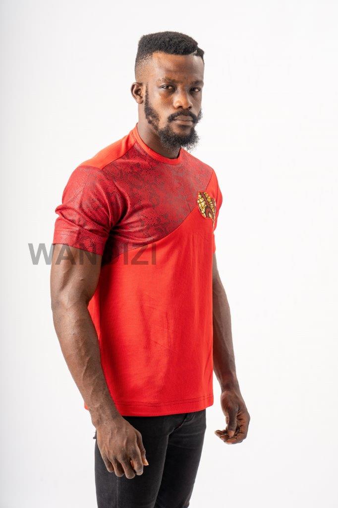 Red Tshirt with Ankara African Map Badge, African Print TShirt, African Men Clothing