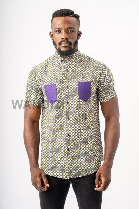 Purple mix Ankara Shirt with Patch Pockets, African Men Clothing, African Mens Wear, Ankara Shirt